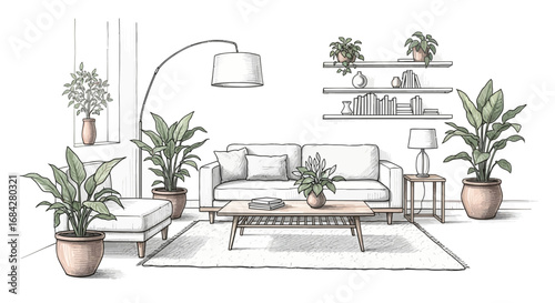 Cozy Living Room Illustration with Plants and Shelving Unit Decorating Idea