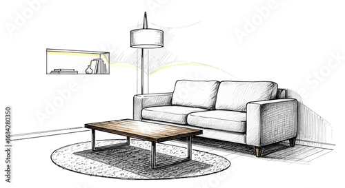 Cozy living room interior sketch with sofa, table and reading nook