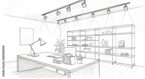 Detailed architectural sketch of a modern home office with ample shelving