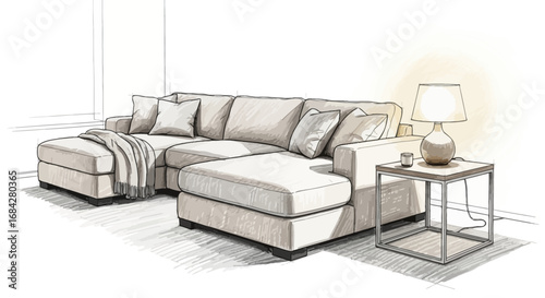 Detailed interior sketch featuring a cozy sectional couch and side table