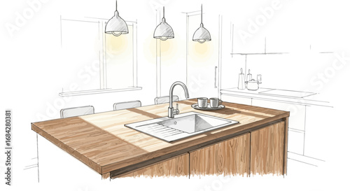 Detailed Kitchen Island Illustration with Wooden Countertop and Lighting