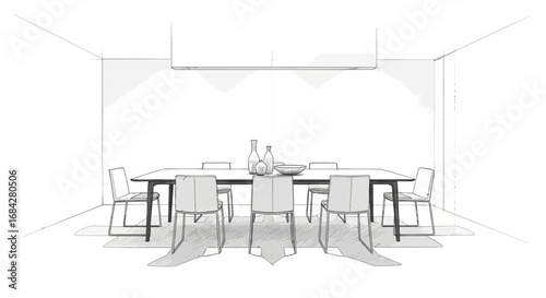 Elegant Dining Area Sketch with Modern Design Elements in Light Space