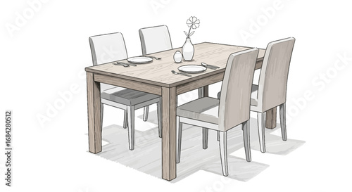 Elegant dining arrangement featuring table, chairs, place settings and decor