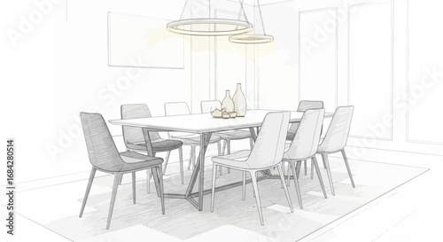 Elegant dining area with modern design elements and artistic sketching style
