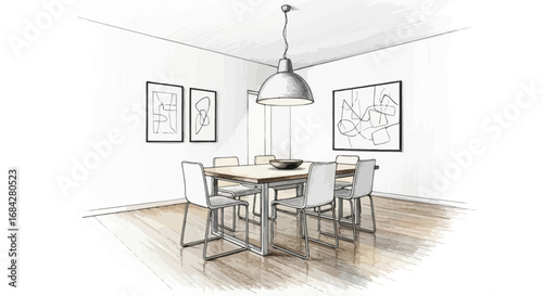 Elegant dining room illustration with contemporary furniture and art pieces