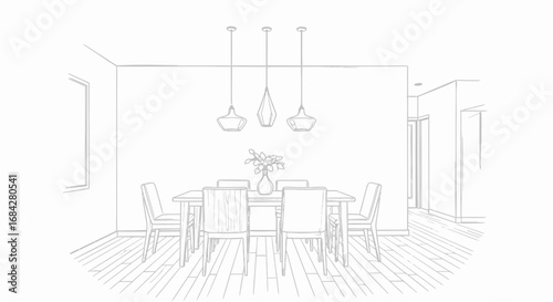 Elegant dining room sketch displaying modern pendant lights and minimalist decor