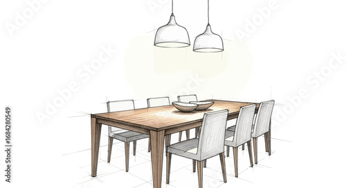 Elegant Dining Room Design with Sketchy Style Table and Lighting Fixtures