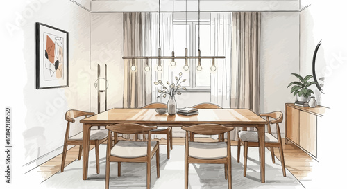 Elegant dining room illustration with modern furnishings and decor element