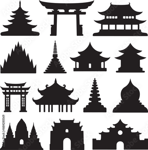 Collection of traditional Asian architectural building silhouettes architecture