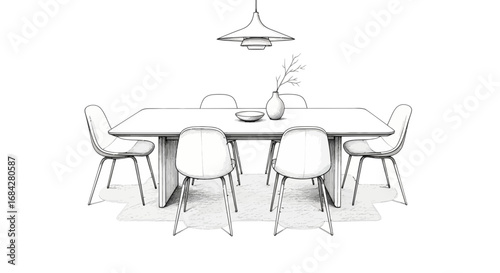 Elegant dining room with modern furniture and minimalist aesthetic sketch