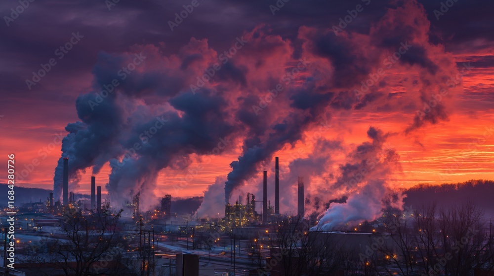 Obraz premium Industrial smokestacks billow against a dramatic sunrise, painting the sky in vibrant hues of red and purple.