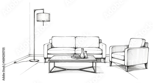 Elegant living room interior sketch with contemporary furniture arrangement