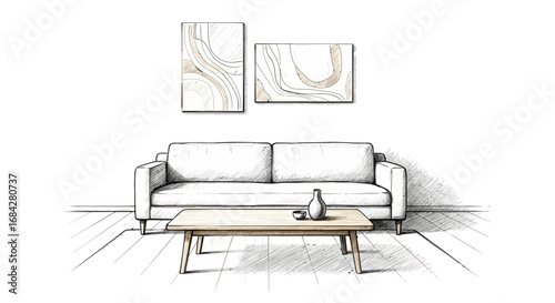 Elegant living room sketched interior with sofa and modern abstract art