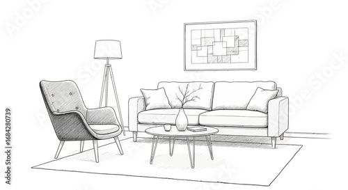 Elegant living room sketch with minimalist furniture and decoration style