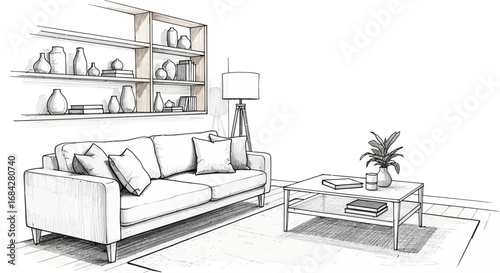 Elegant living room interior sketch featuring modern furniture arrangement