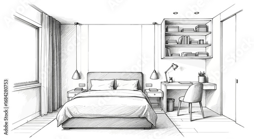 Elegant modern bedroom design sketch with study area and creative arrangement
