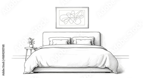 Elegant monochrome bedroom sketch with minimalistic design elements