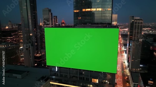 Dynamic Aerial Shot of a Modern City at Night Featuring a Large Green Screen Billboard on a Skyscraper.