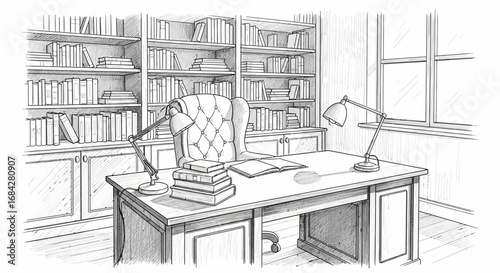 Hand-drawn Sketch of an Elegant Library Room Interior Illustration