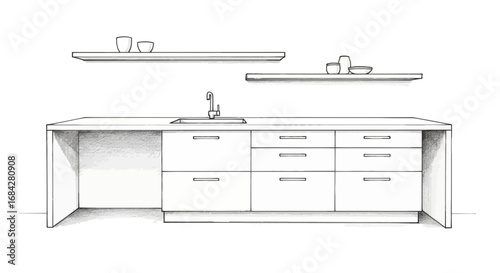 Illustration of a modern kitchen island with open shelves above countertop