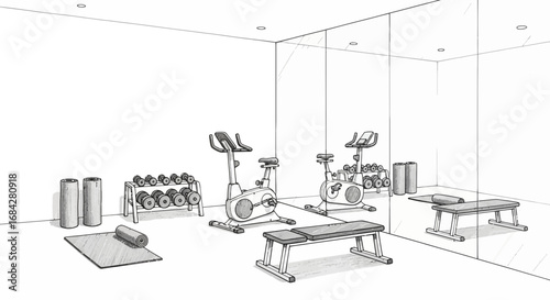 Illustrative Sketch of Home Gym Interior with Exercise Equipment and Mirrors
