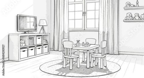 Illustrative play area for children with table, chairs, and toy arrangement
