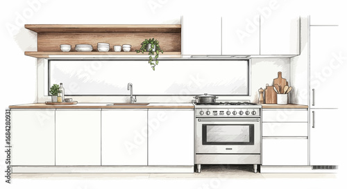 Interior Illustration of a Modern Kitchen with Natural Wood and White Palette