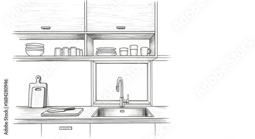 Kitchen corner with sink window, and wooden furniture in monochrome drawing