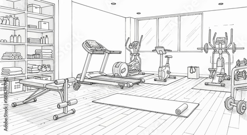 Line art illustration of a home gym setup with varied fitness equipment