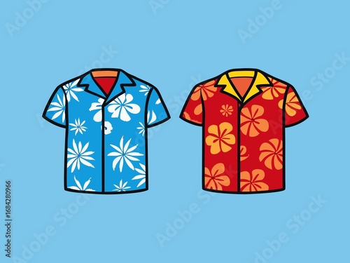 Two Hawaiian Shirts with Floral Patterns in Blue and Red on a Blue Background