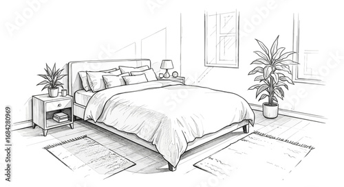 Line art bedroom design with plants and natural light illustration