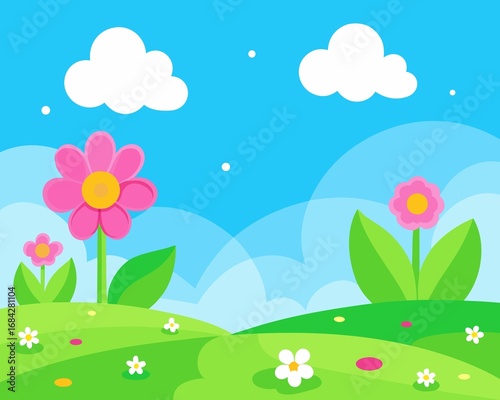 Cartoon Spring Landscape with Flowers Hills Clouds and Blue Sky Background Illustration