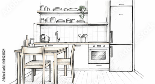 Minimalist kitchen interior design sketch with wooden table and chairs