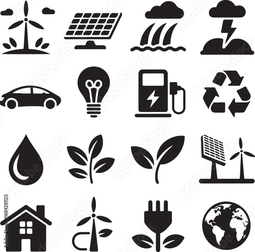 Renewable energy and environmental protection symbols including solar and wind vector illustration