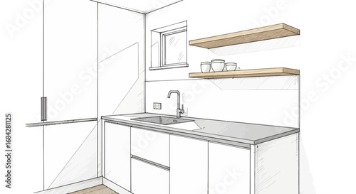 Minimalist kitchen interior sketch with white cabinets and wooden shelves