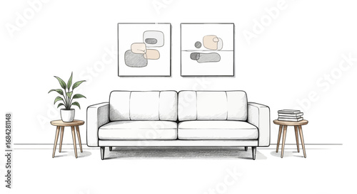 Minimalist living room interior with sofa, artwork, and houseplants setup