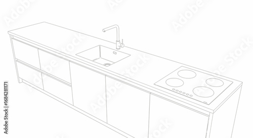 Minimalist white kitchen countertop design with modern appliances and sink