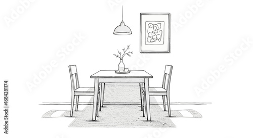 Minimalistic dining area illustration with table, chairs, and decorations