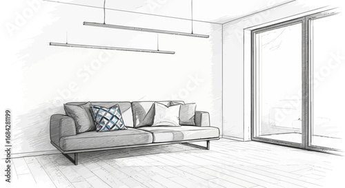 Modern interior illustration with a contemporary sofa and linear lighting