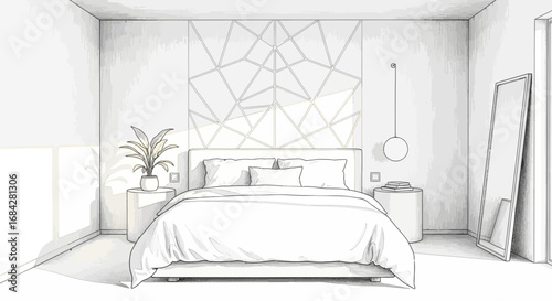 Monochromatic bedroom sketch with geometric headboard and modern accents