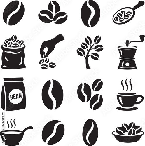 Coffee bean and preparation icons including bag grinder and cup coffee bag coffee grinder