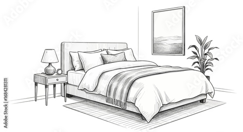 Monochromatic bedroom illustration with modern furniture and minimal decor