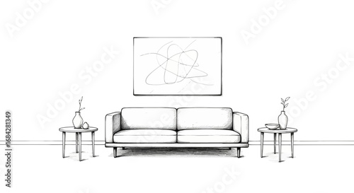 Monochrome interior illustration featuring a sofa, artwork and side tables