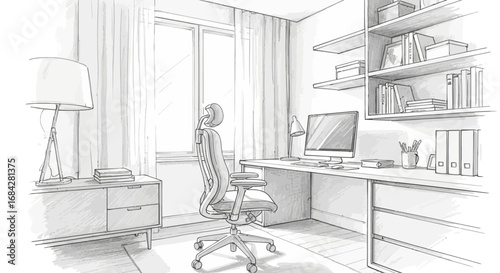 Monochrome Sketch of a Modern Home Office with Ergonomic Chair