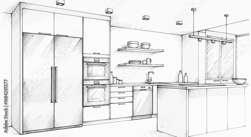 Monochrome sketch of a modern kitchen with island and ample storage