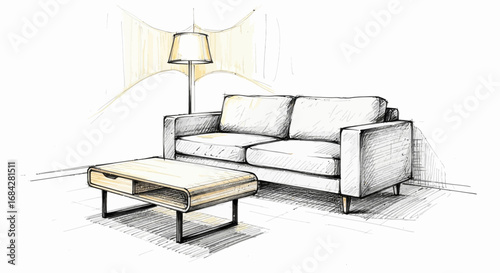 Sketch of a contemporary living room setup with minimalist aesthetic