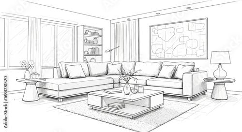 Sketch of a contemporary living room with a large sectional sofa