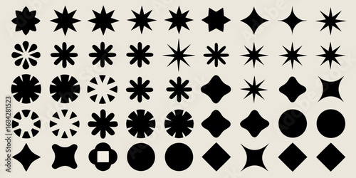 Collection of diverse black geometric shapes and starbursts on a neutral background
