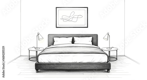 Sketch of a cozy bedroom interior with minimalist artwork and soft lighting