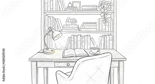 Sketch of a cozy study corner with bookshelf and reading desk scene